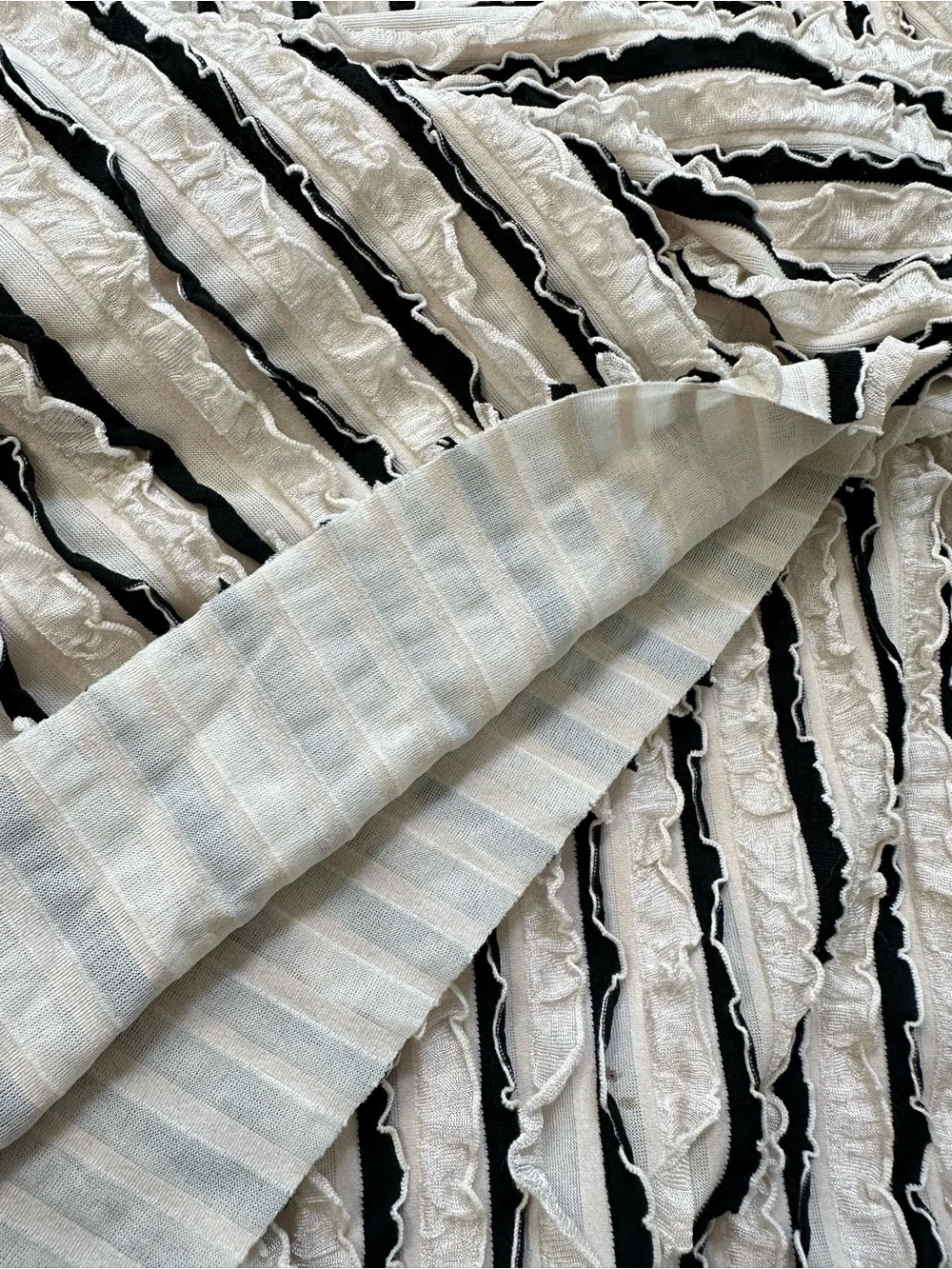 ZARA Cream Black Stripe Ruffle Knit Wide Leg Pants